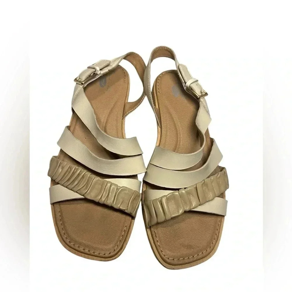 Dr. scholl’s sling back leather strappy sandal ruched square toe cushion 8,5